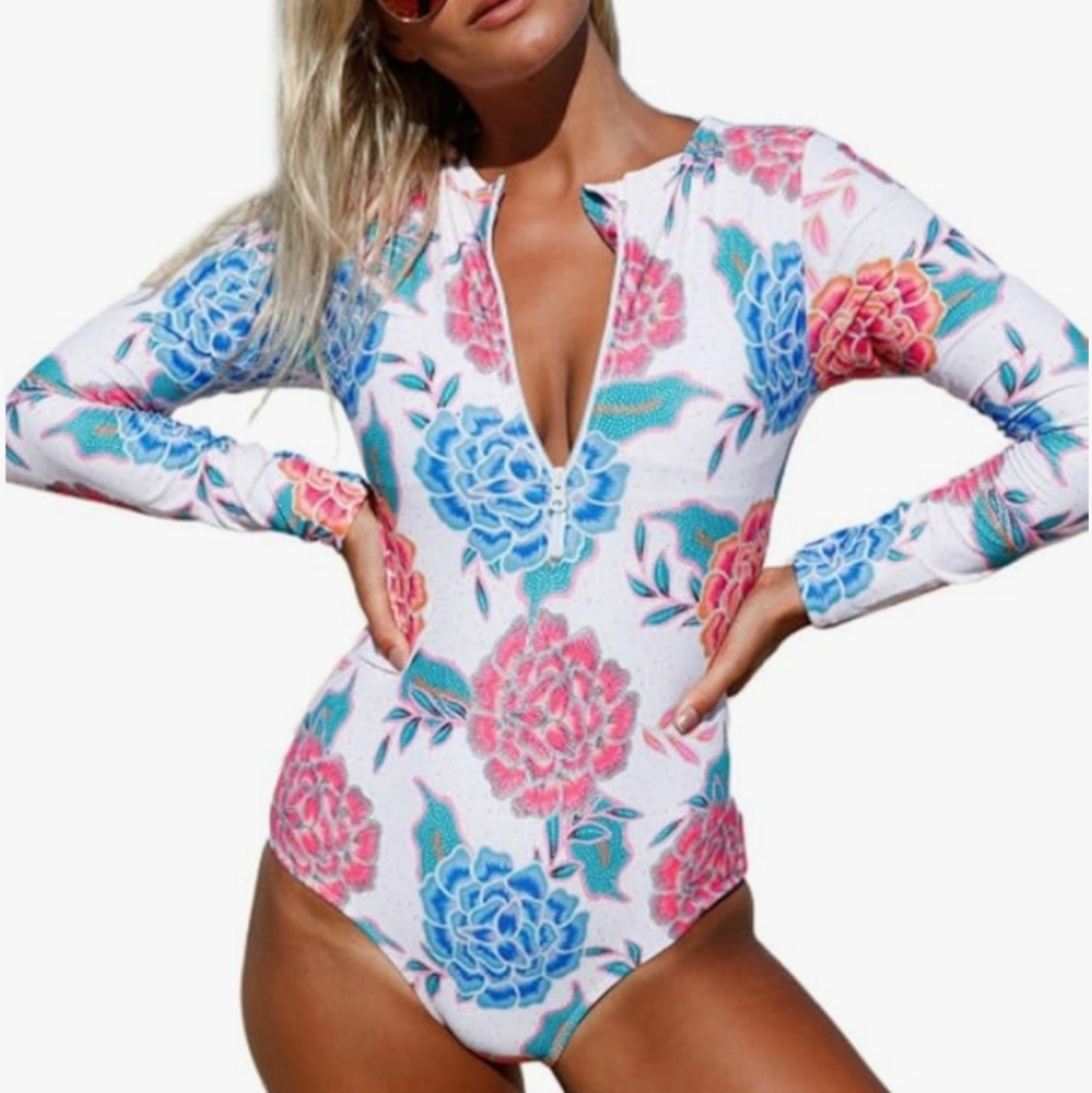 Pink Blue Peony Long Sleeve Zip Front One Piece Swimsuit 0197